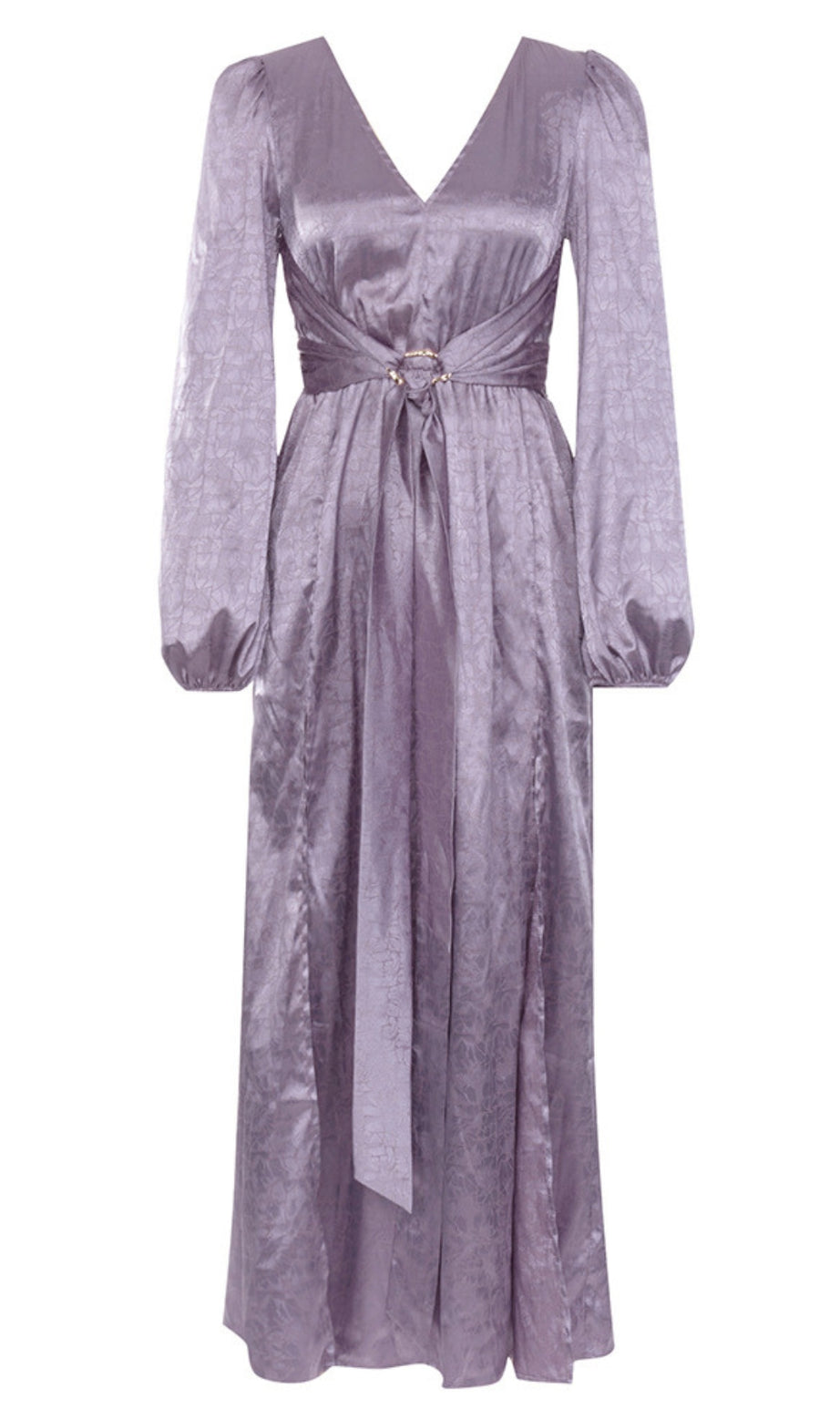 V - Neck Belted Brocade Long - Sleeve in Purple