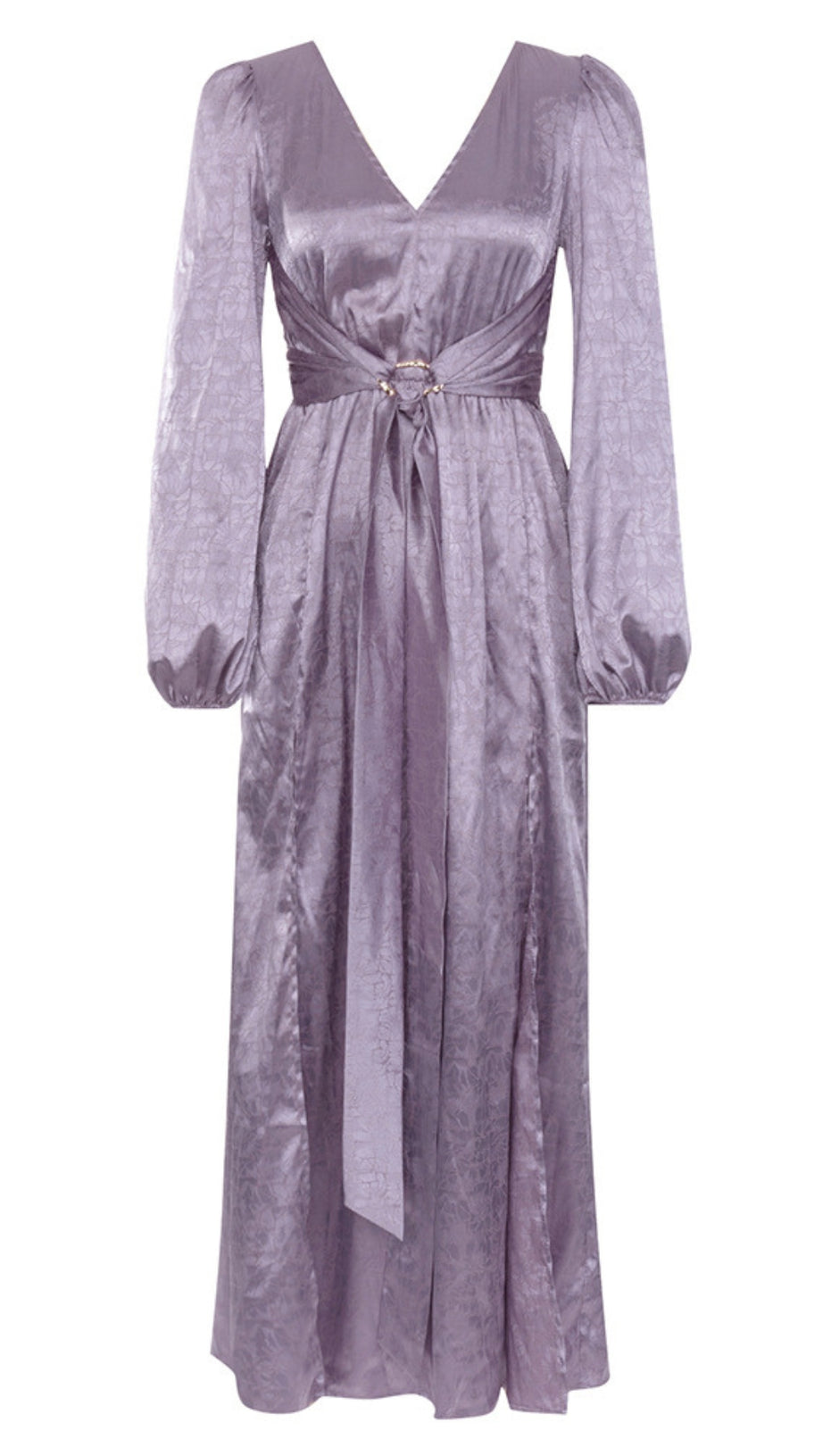 V - NECK BELTED BROCADE LONG - SLEEVE IN PURPLE