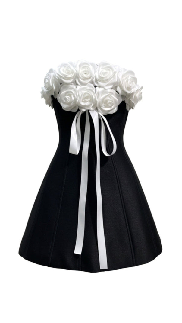 AIIZIE GLADYS STRAPLESS 3D FLORAL CORSET A-LINE DRESS IN BLACK - product image
