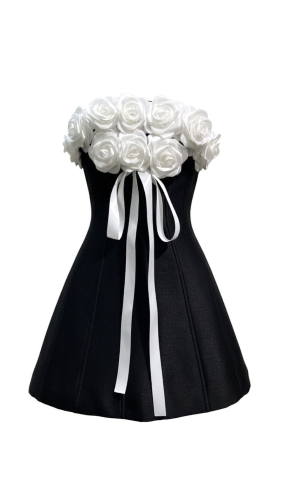 GLADYS STRAPLESS 3D FLORAL CORSET A-LINE DRESS IN BLACK