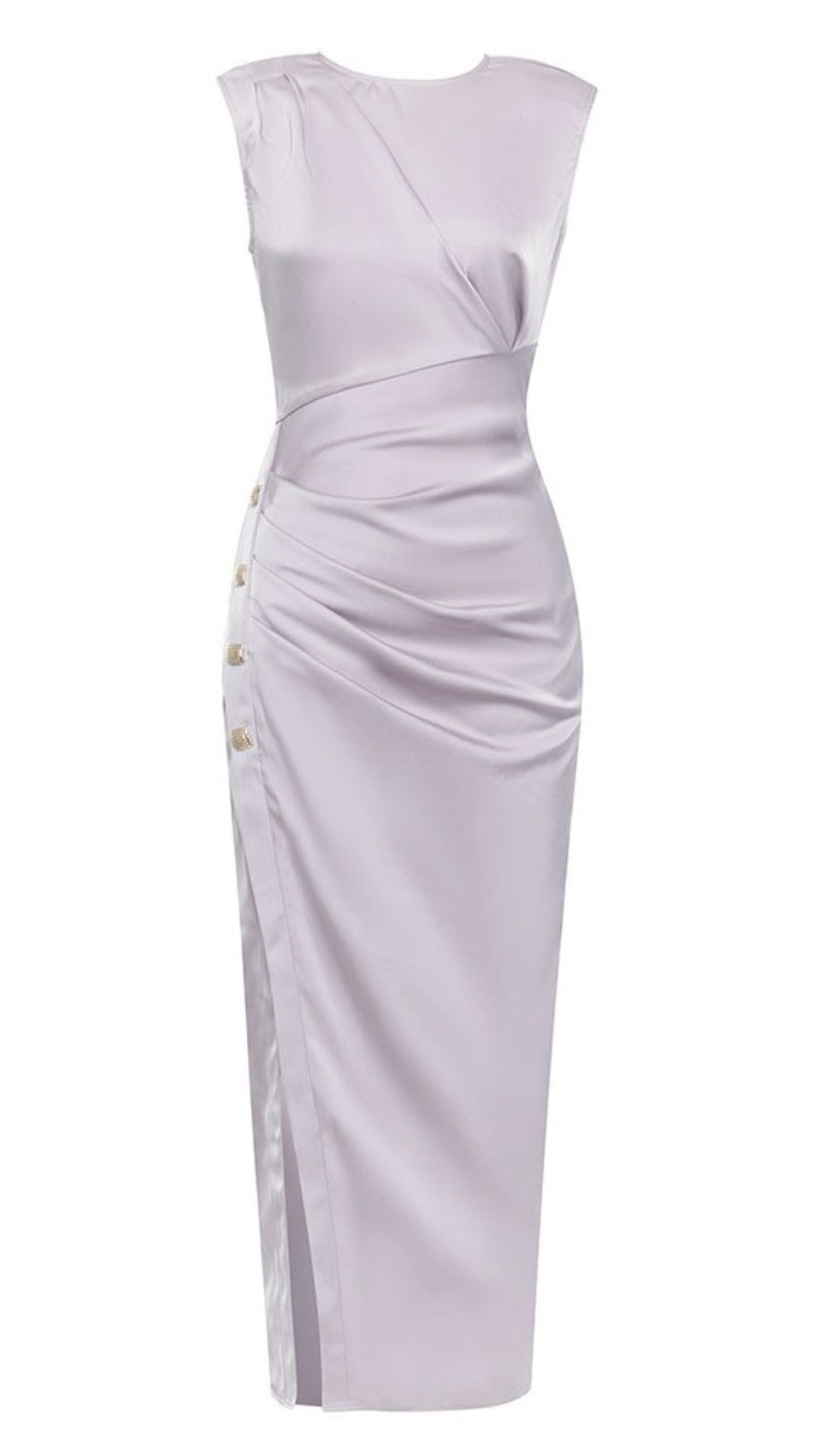 SATIN RUCHED SLIT BUTTON - TRIM MIDI DRESS IN LILAC