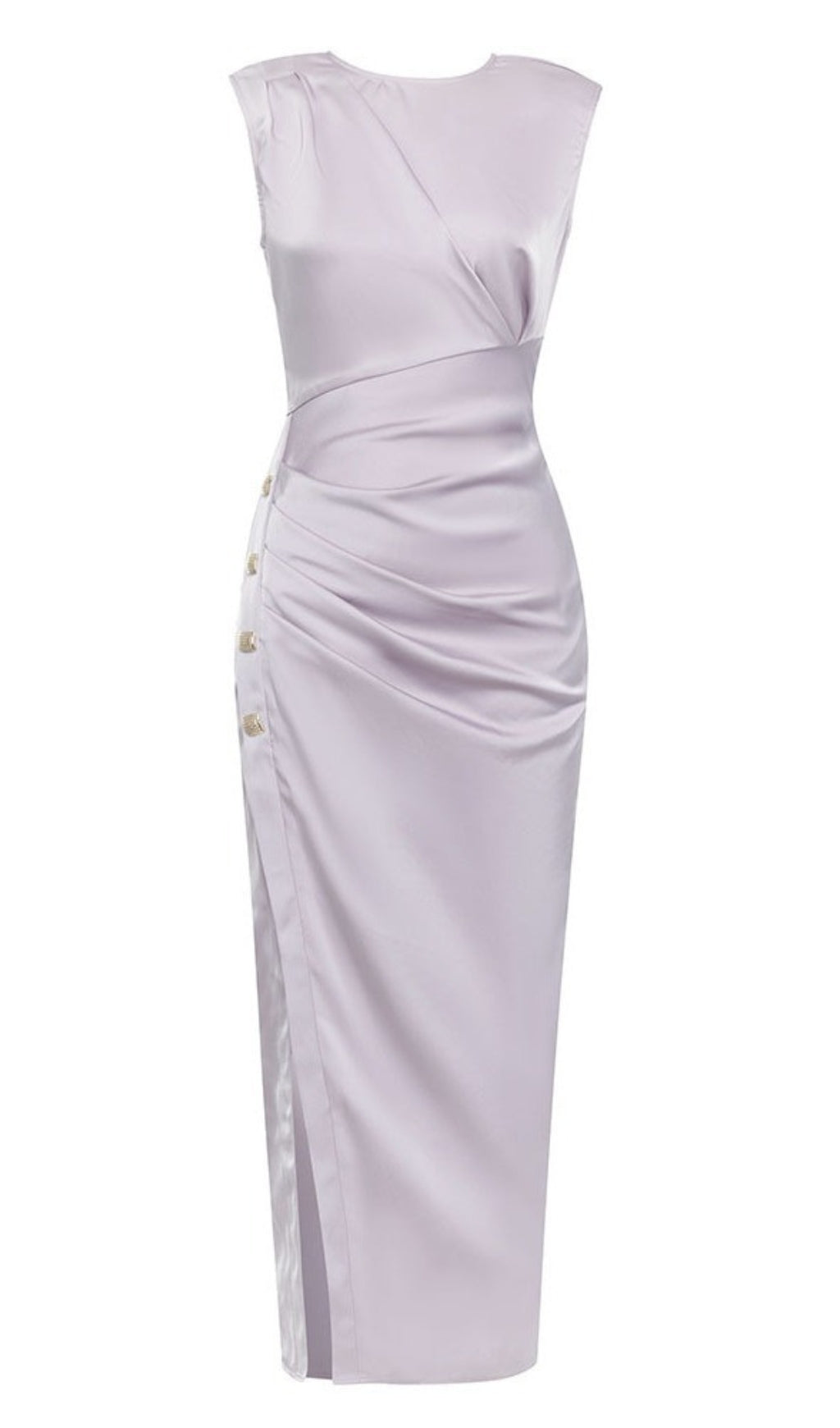 Satin-Midikleid mit gerüschtem Schlitz und Knopfbesatz in Flieder