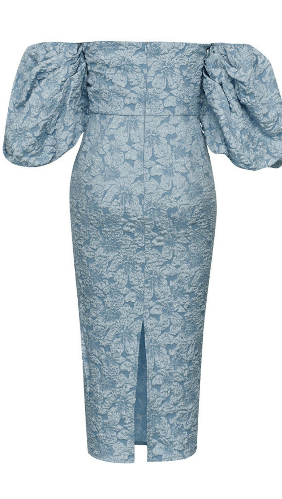 FLORAL - JACQUARD OFF - SHOULDER MIDI DRESS IN NAVY BLUE