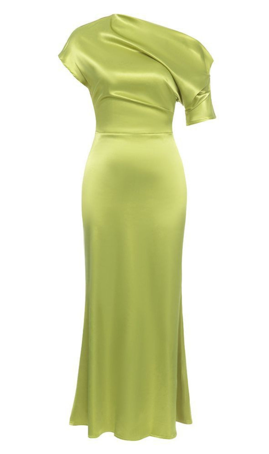 Satin One - Shoulder Midi Dress in Lime Green