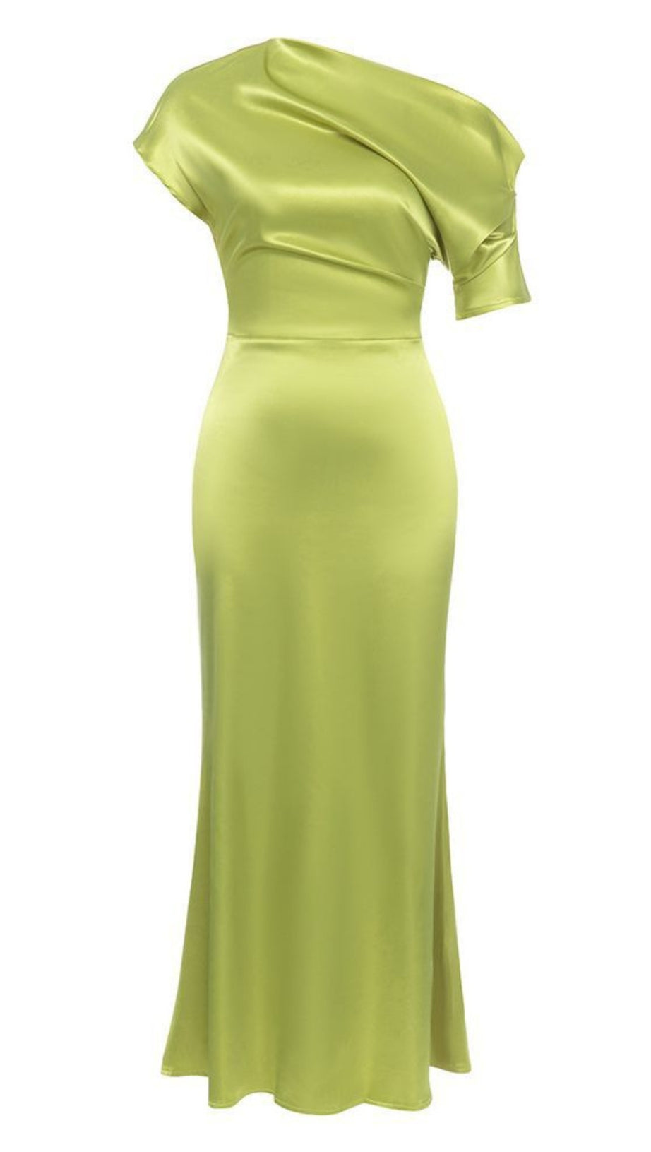 SATIN ONE - SHOULDER MIDI DRESS IN LIME GREEN