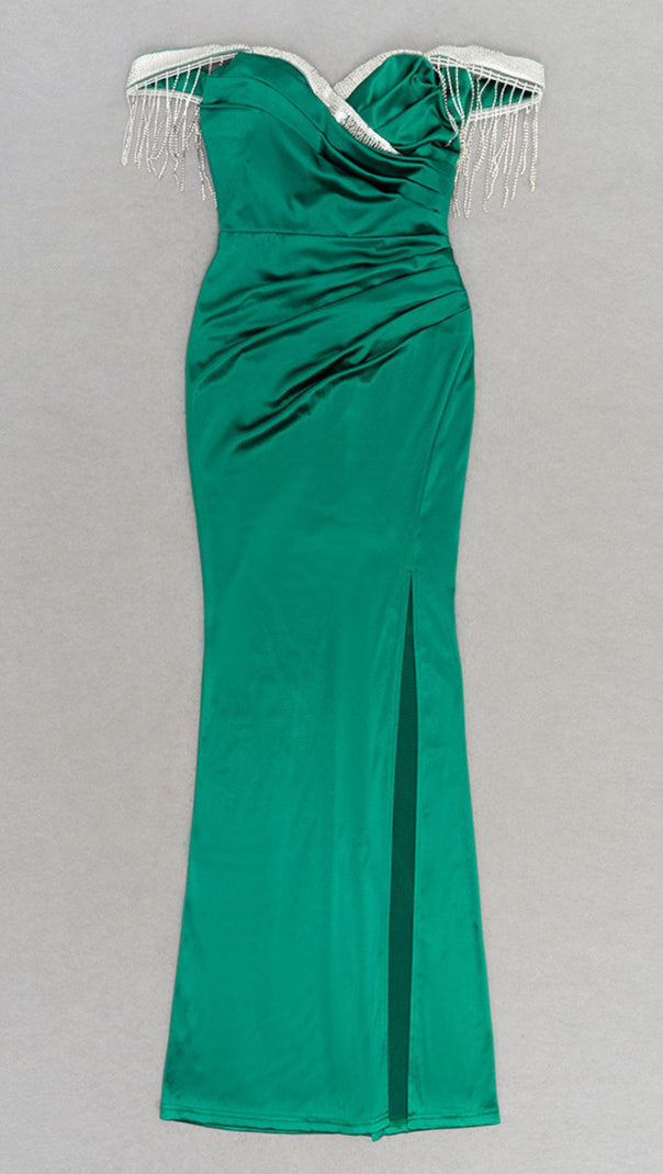 AIIZIE SATIN OFF - SHOULDER FRINGE - TRIM SLIT MAXI DRESS IN GREEN - product image