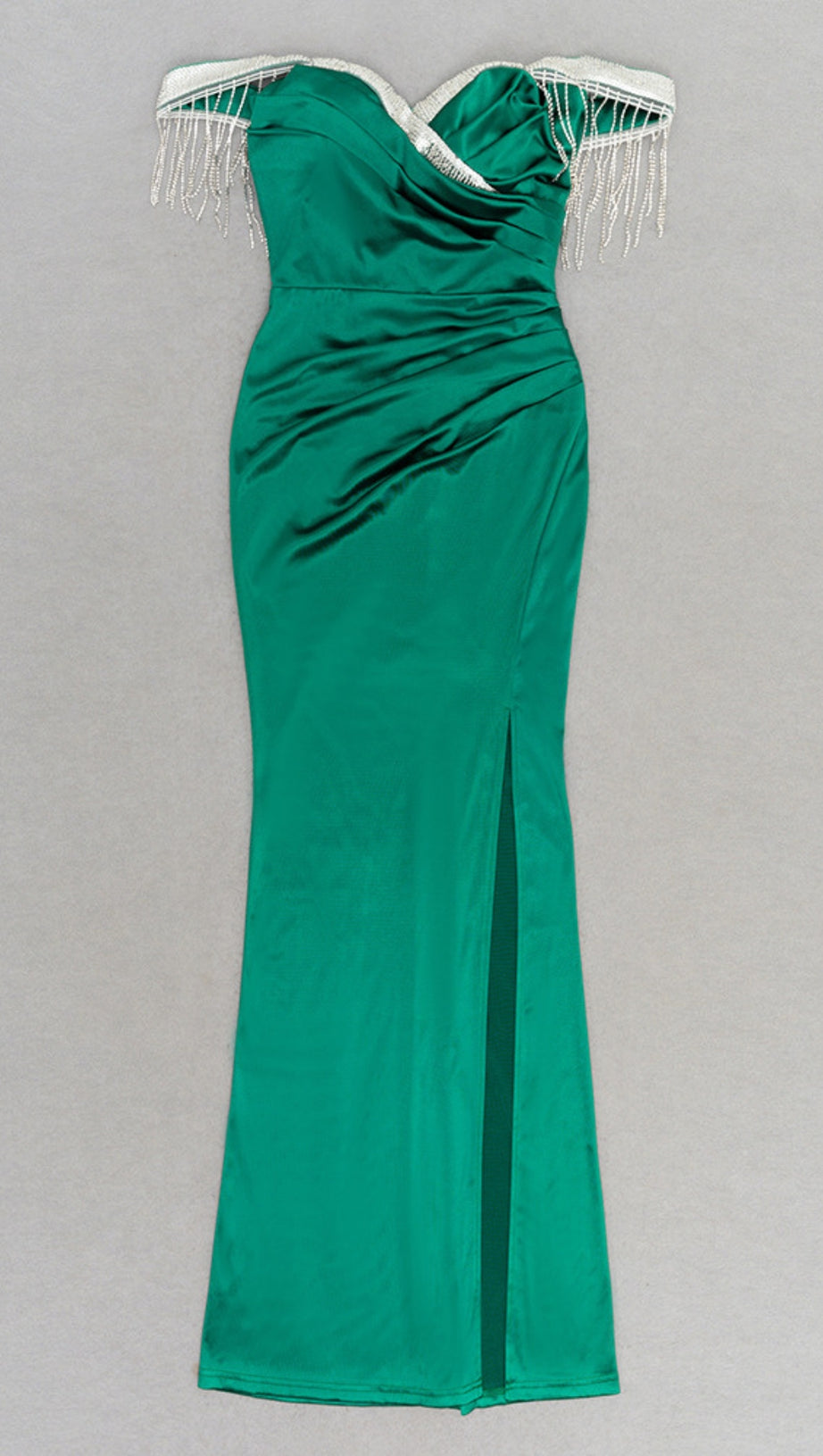 SATIN OFF - SHOULDER FRINGE - TRIM SLIT MAXI DRESS IN GREEN