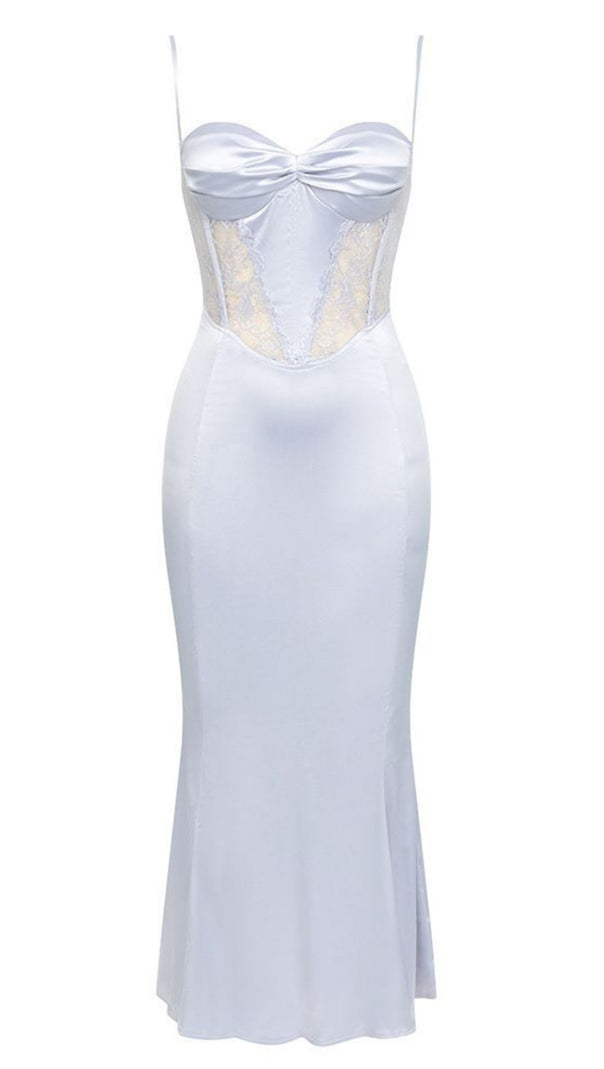 AIIZIE SATIN LACE - INSET BOW - FRONT MIDI DRESS IN LAVENDER - product image