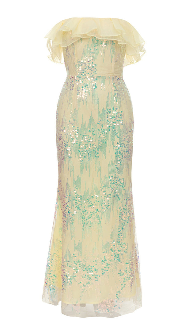 AIIZIE SEQUIN RUFFLE - NECK OFF - SHOULDER MERMAID GOWN IN YELLOW - product image