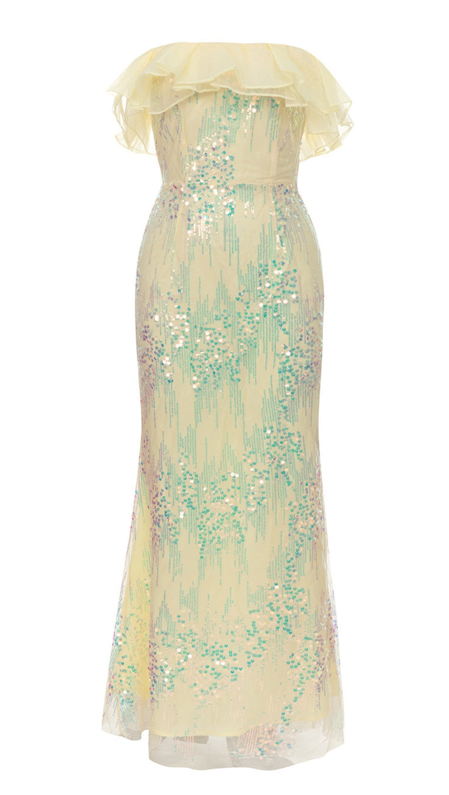 SEQUIN RUFFLE - NECK OFF - SHOULDER MERMAID GOWN IN YELLOW