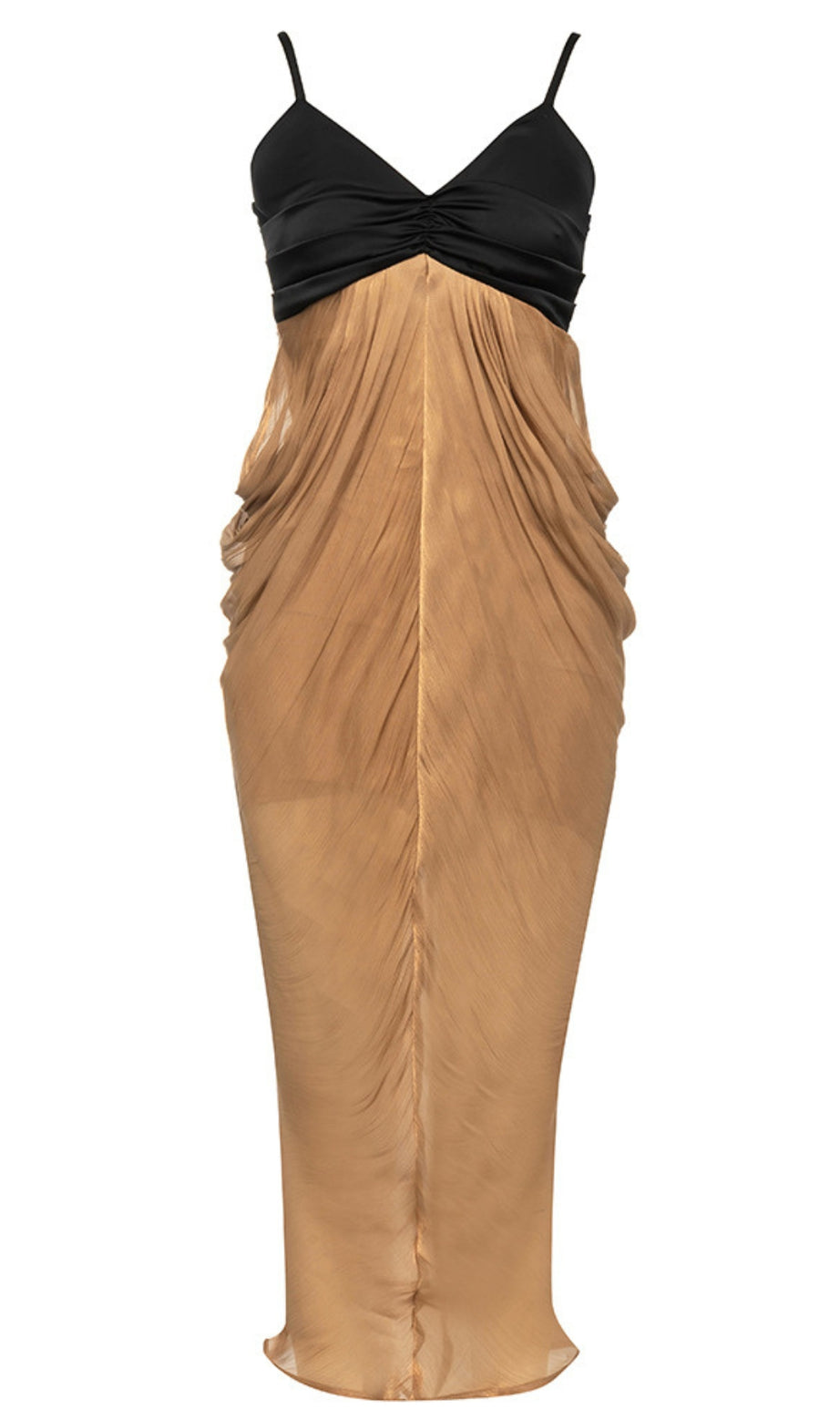 Ruched Chiffon Midi Dress in Black And Gold