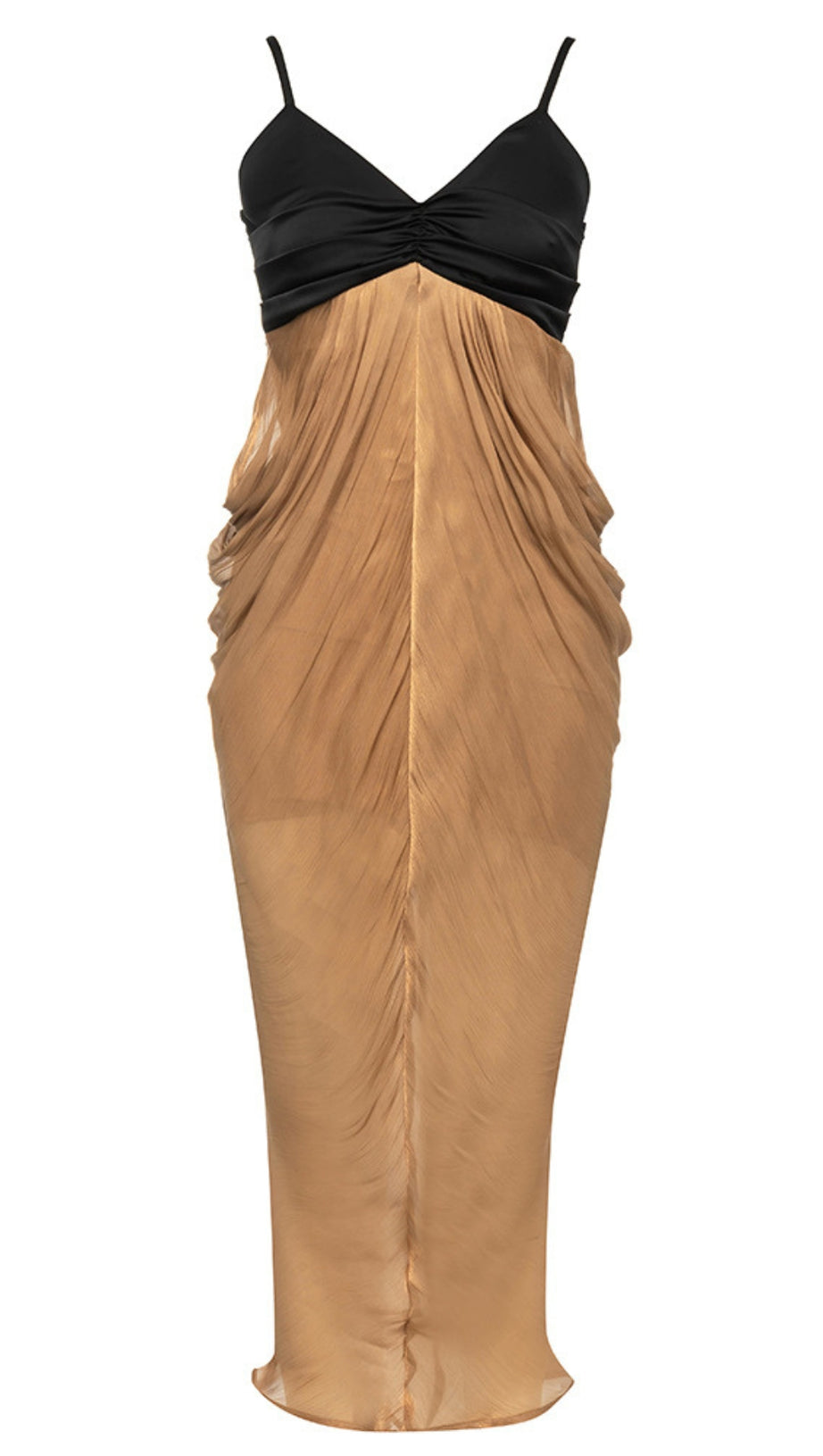 RUCHED CHIFFON MIDI DRESS IN BLACK AND GOLD