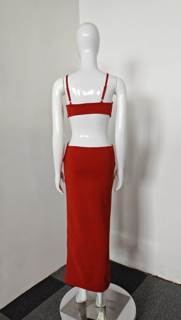 AIIZIE DEEP-V DIAMOND TASSELS BANDAGE MAXI DRESS IN RED - product image