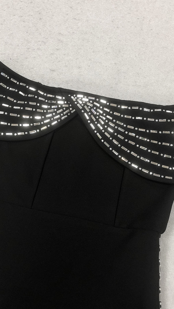 AIIZIE OFF - SHOULDER RHINESTONE - TRIMMED BODYCON MIDI DRESS IN BLACK - product image
