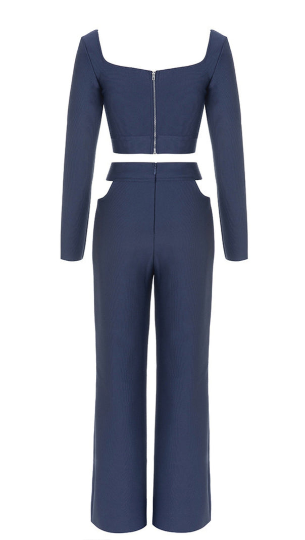 AIIZIE CUTOUT LONG - SLEEVE CROP TOP AND PANTS SET IN NAVY BLUE - product image