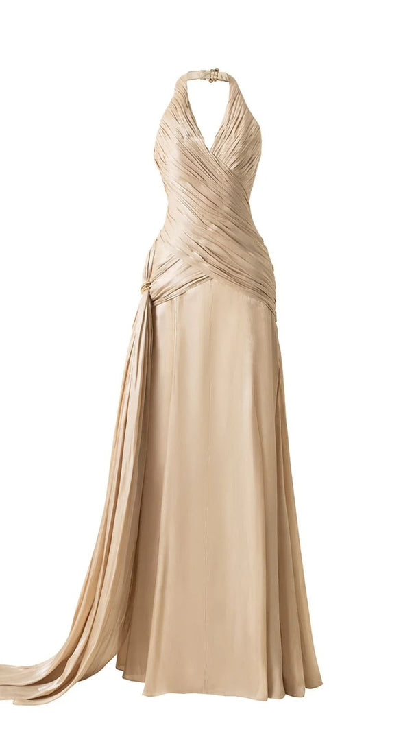 AIIZIE CORSET WAIST SILK BLEND HALTER FLOOR LENGTH DRESS IN CHAMPAGNE - product image