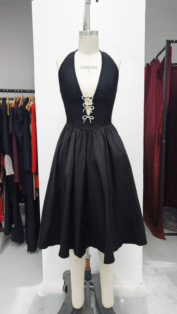 AIIZIE HALTER NECK BOW - LACE UP FLARED MIDI DRESS IN BLACK - product image