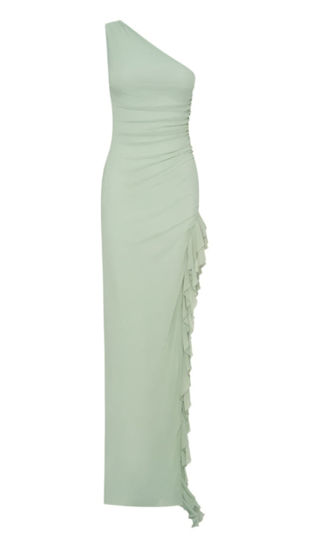 AIIZIE ONE-SHOULDER SLIT RUFFLE TRIM MAXI DRESS IN SAGE GREEN - product image