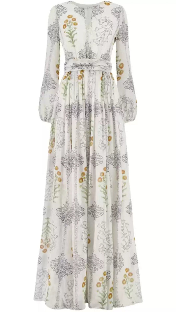 AIIZIE WHITE HIGH - WAIST SLIM FLORAL PRINTED LONG - SLEEVE MAXI FLARED DRESS - product image