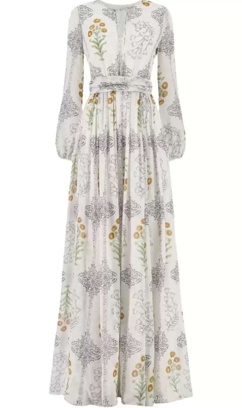 White High - Waist Slim Floral Printed Long - Sleeve Maxi Flared Dress