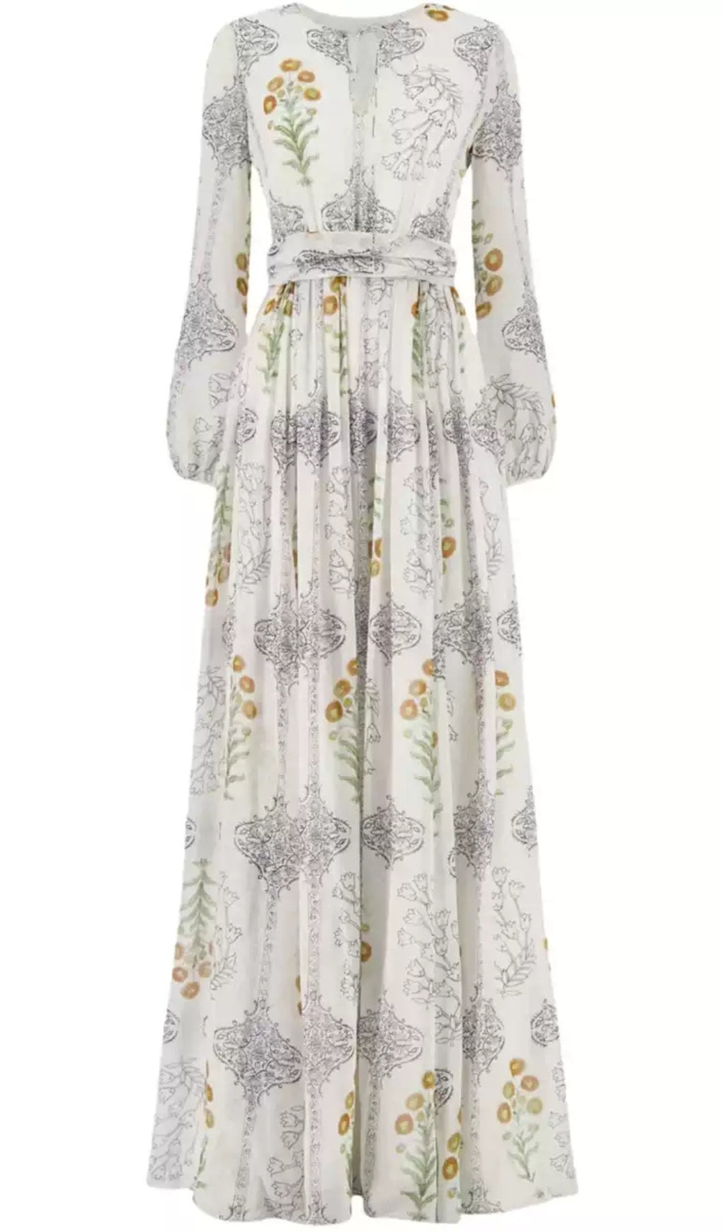 WHITE HIGH - WAIST SLIM FLORAL PRINTED LONG - SLEEVE MAXI FLARED DRESS