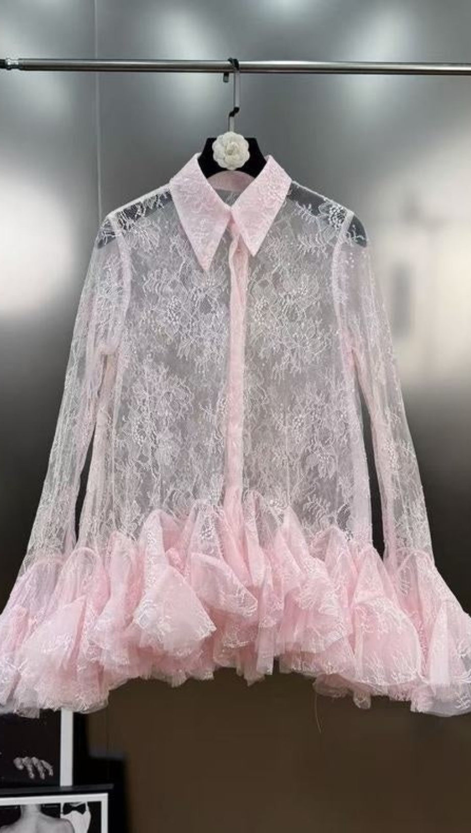 LACE TRUMPET SLEEVE SHIRT SHORT TWO-PIECE SET