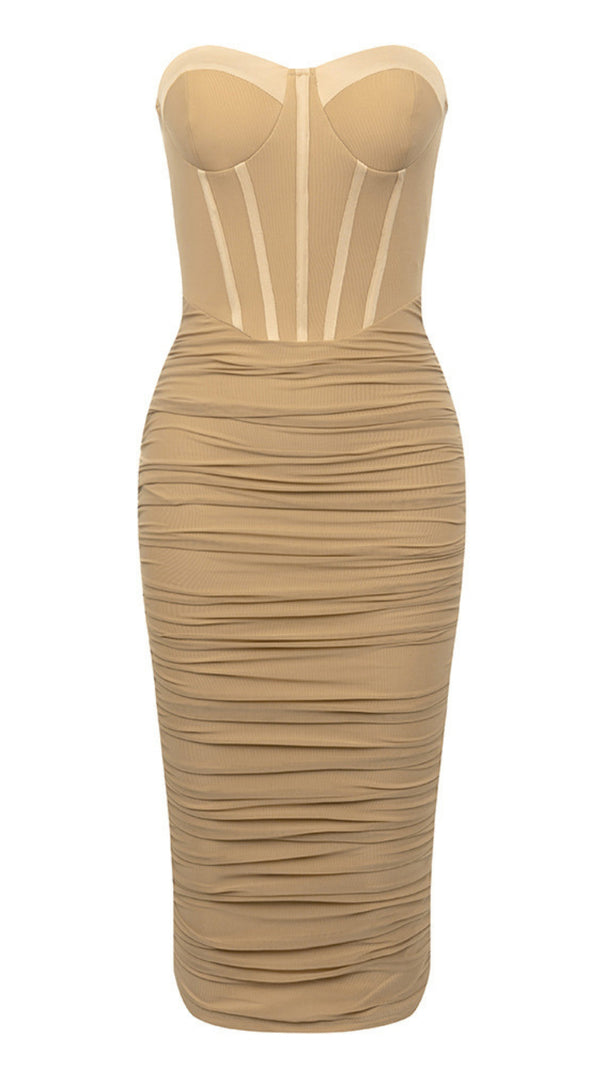 AIIZIE STRAPLESS RUCHED CORSET MIDI DRESS IN NUDE - product image