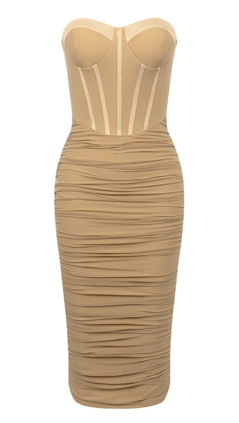 STRAPLESS RUCHED CORSET MIDI DRESS IN NUDE