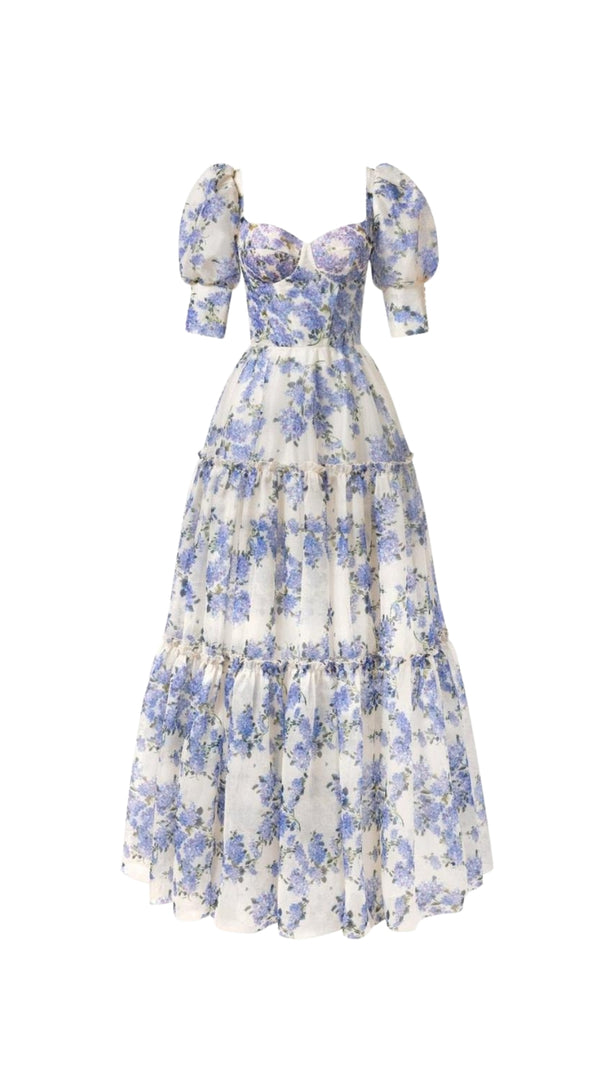 AIIZIE HYDRANGEA PRINT VOLUMINOUS SLEEVES MAXI DRESS IN BLUE - product image