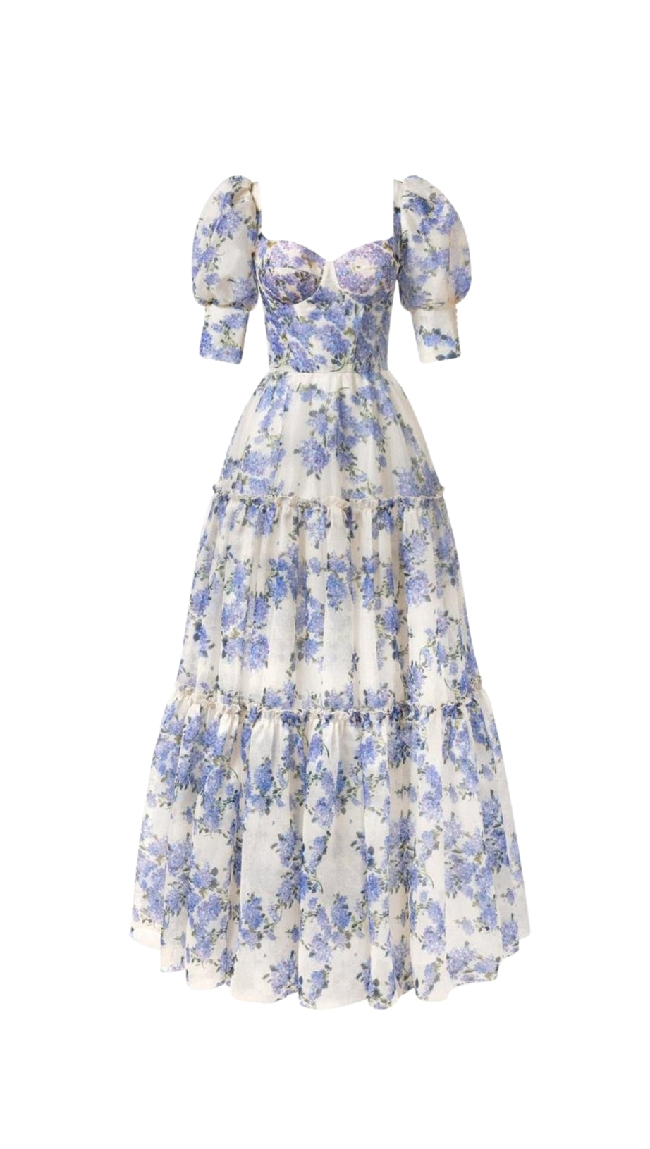 HYDRANGEA PRINT VOLUMINOUS SLEEVES MAXI DRESS IN BLUE