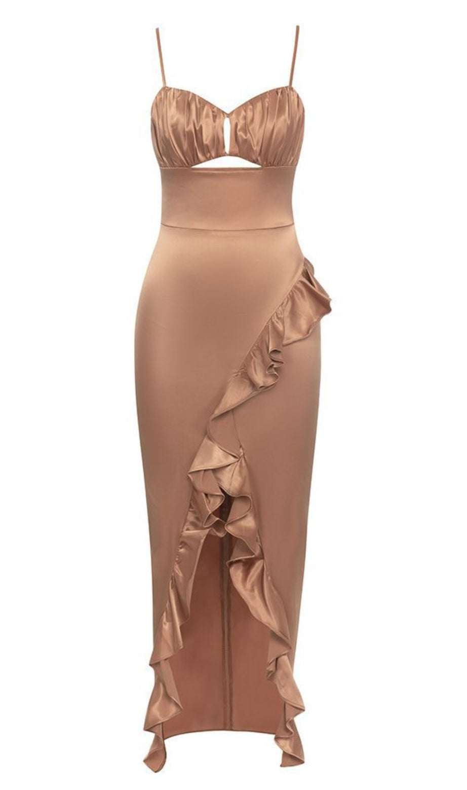 Satin Cut - Out Ruffled - Slit Midi Dress in Brown