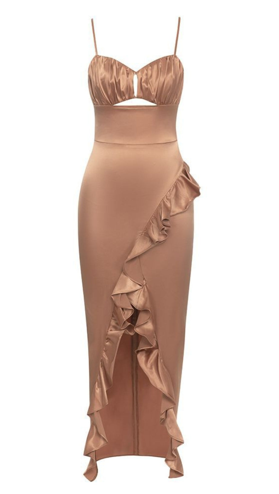 SATIN CUT - OUT RUFFLED - SLIT MIDI DRESS IN BROWN