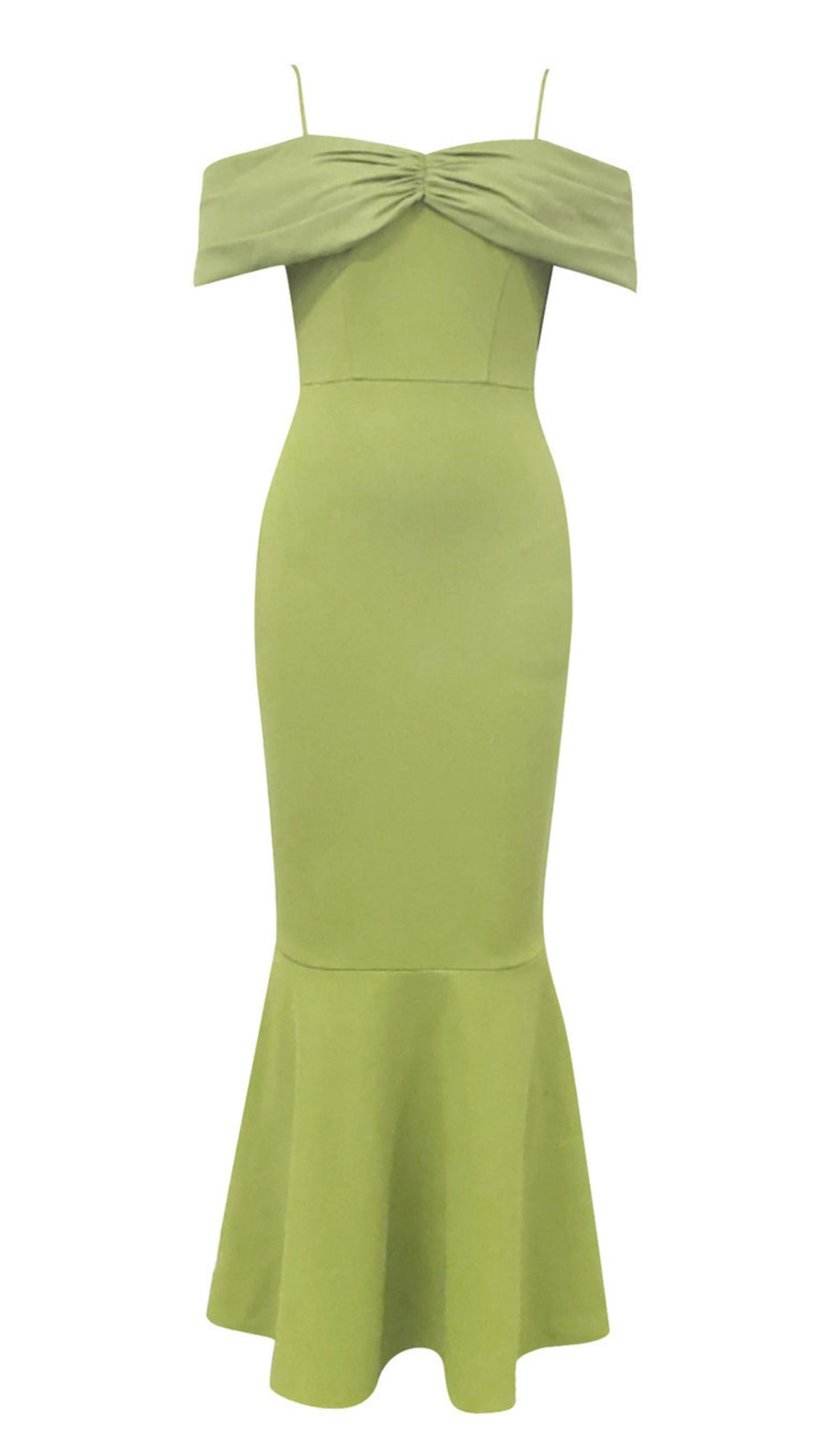 OFF - SHOULDER BOW - FRONT MERMAID MIDI DRESS IN GREEN