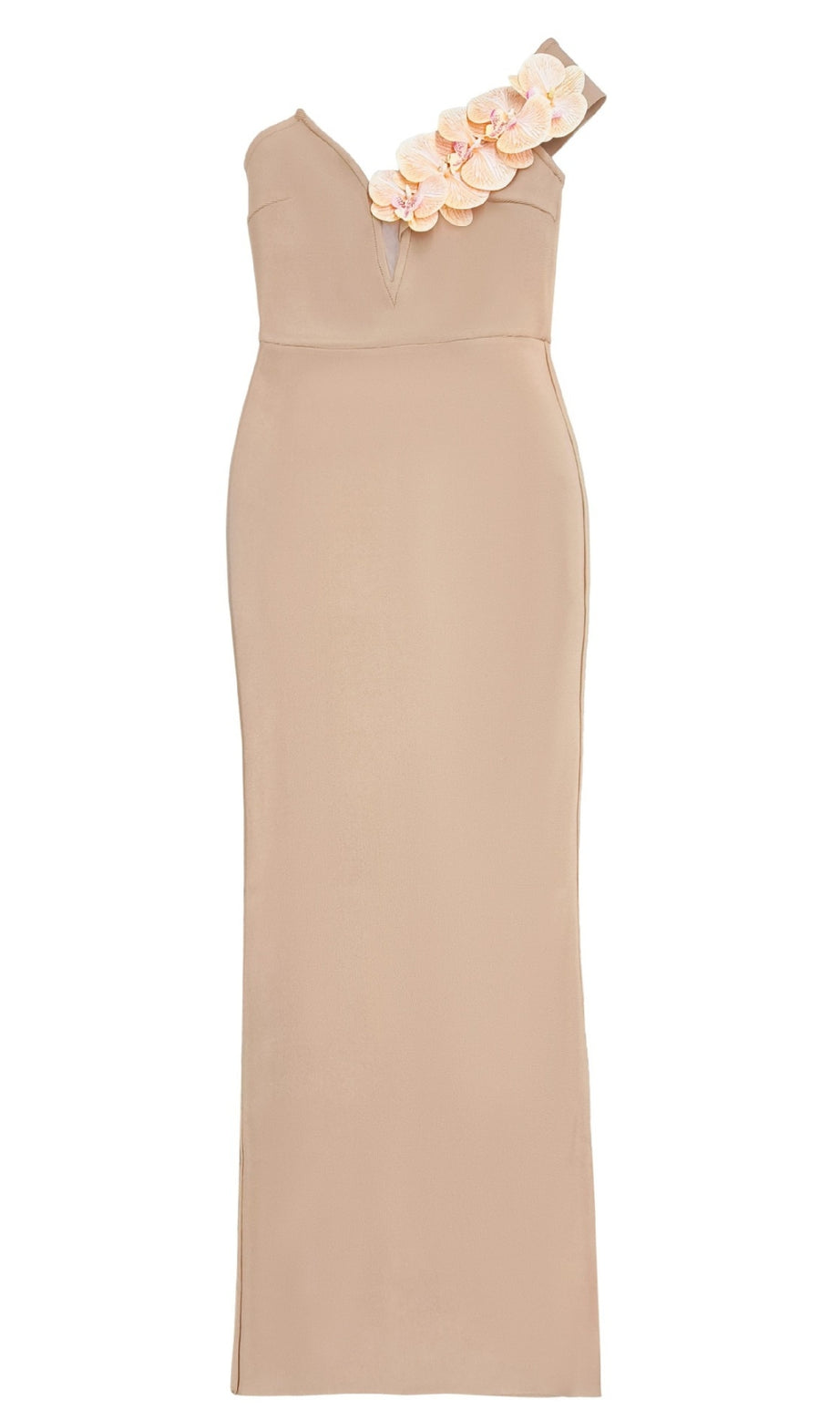 APRICOT ONE-SHOULDER FLORAL BANDAGE SPLIT MAXI DRESS