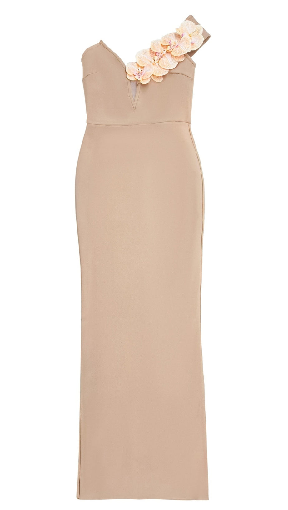 APRICOT ONE-SHOULDER FLORAL BANDAGE SPLIT MAXI DRESS