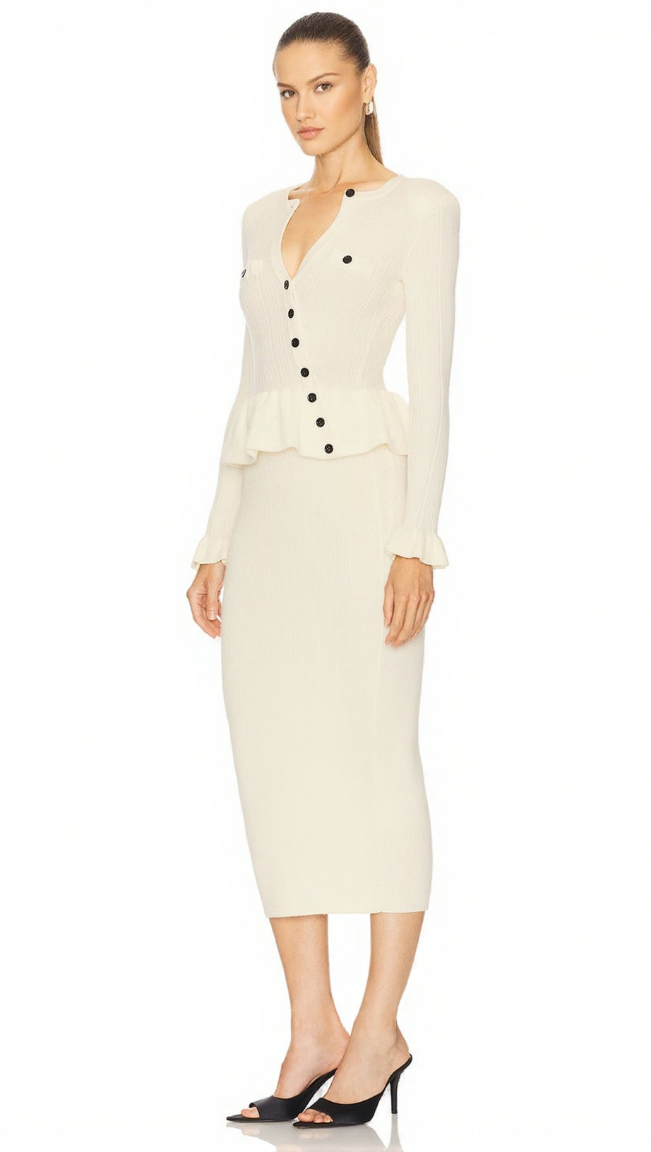 CAROLINE ASYMMETRIC KNIT MIDI DRESS IN BEIGE