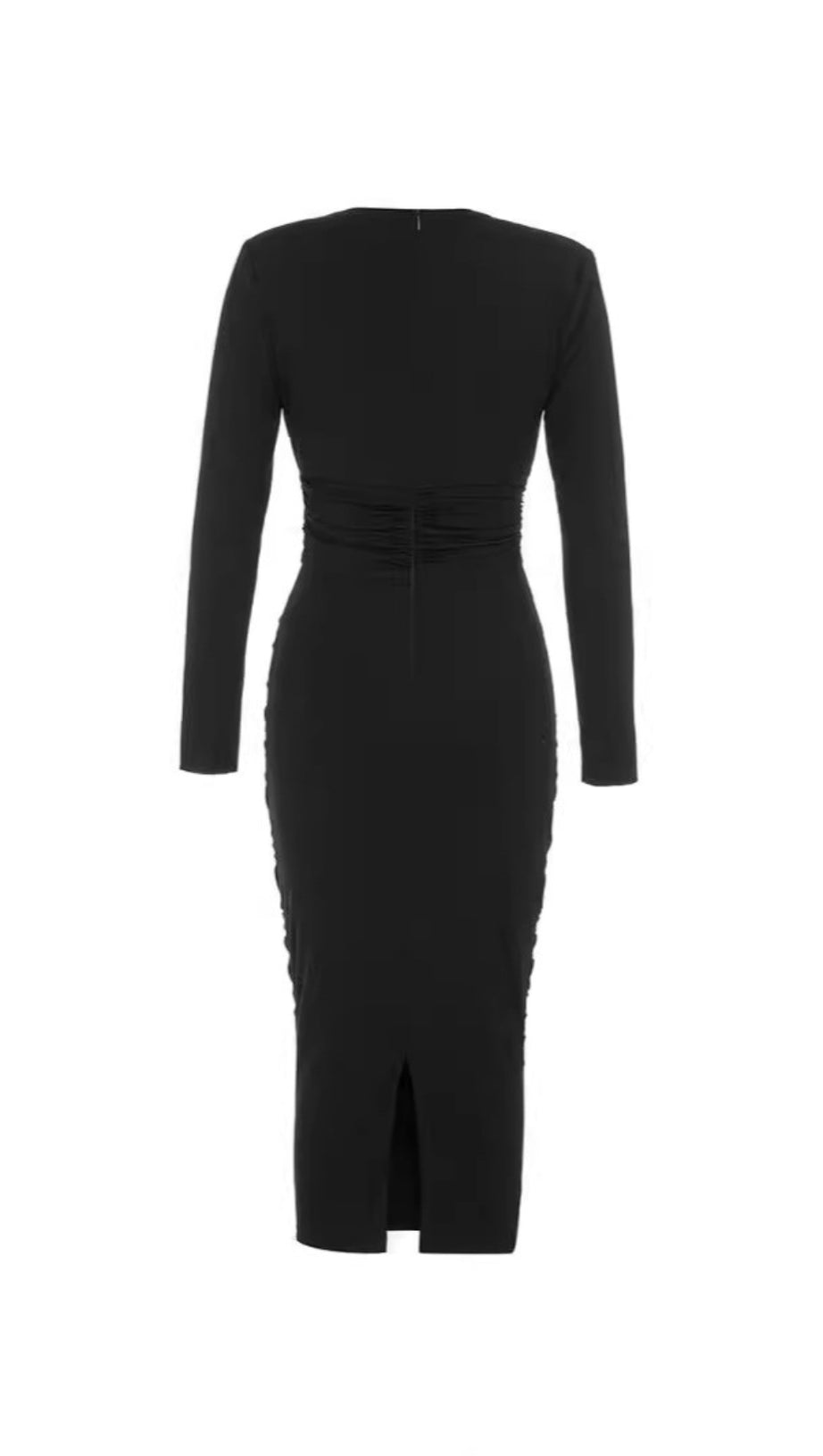 CUT - OUT V - NECK RUCHED MIDI DRESS IN BLACK