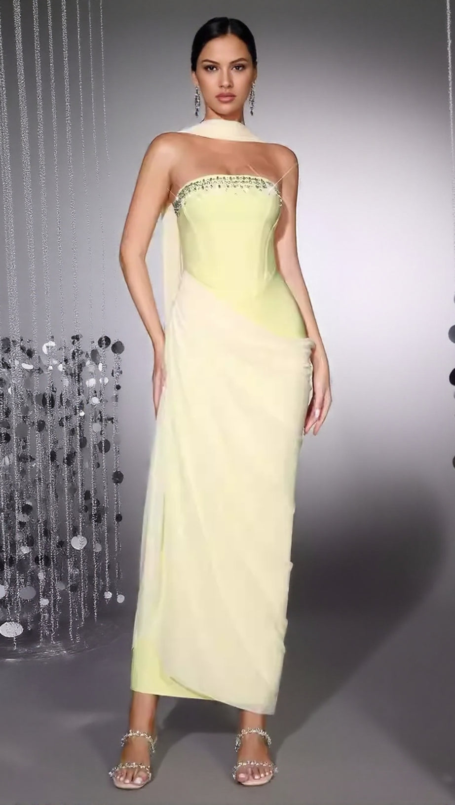 RHINESTONE PATCHWORK STRAPLESS HERRINGBONE MAXI DRESS - YELLOW