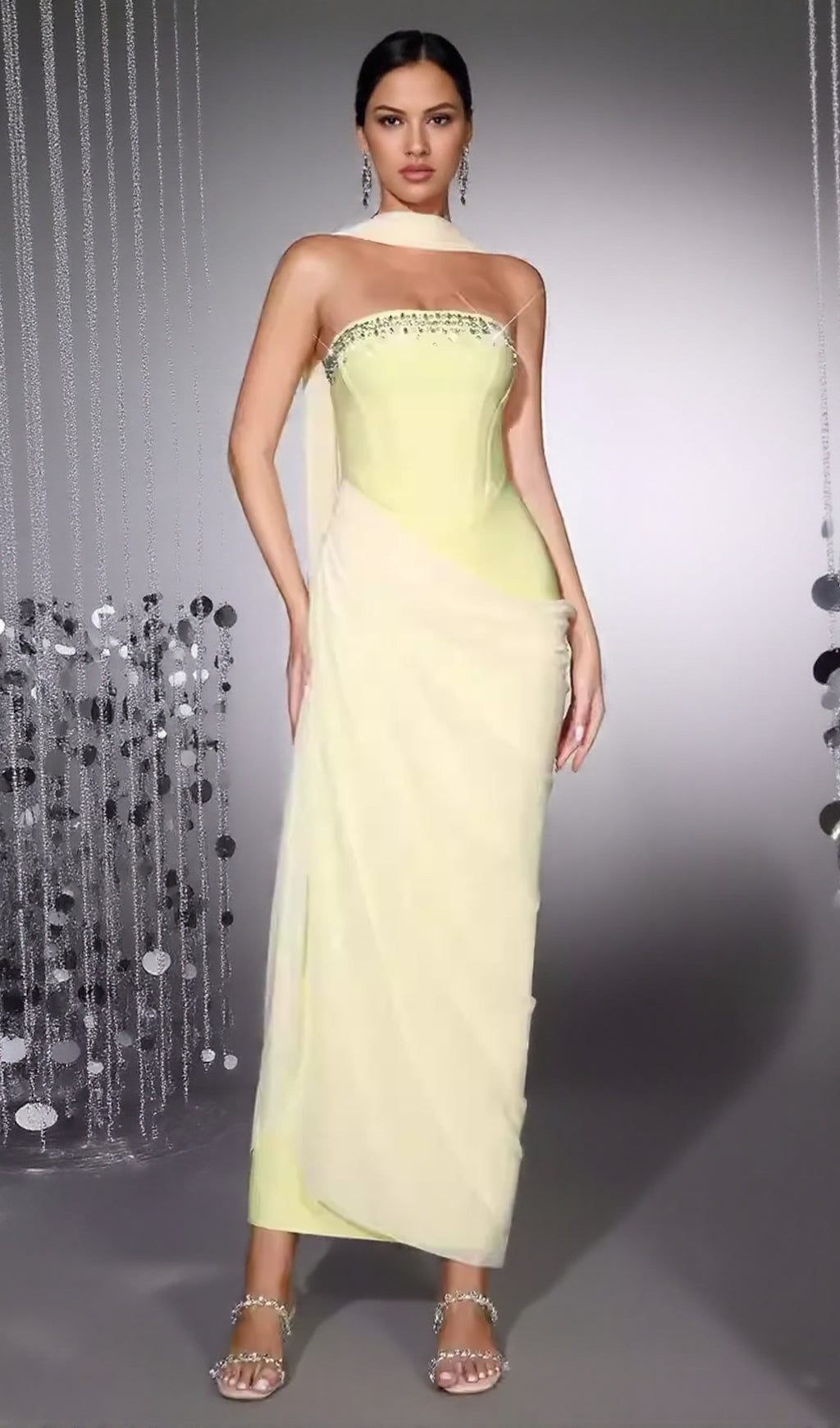 RHINESTONE PATCHWORK STRAPLESS HERRINGBONE MAXI DRESS - YELLOW