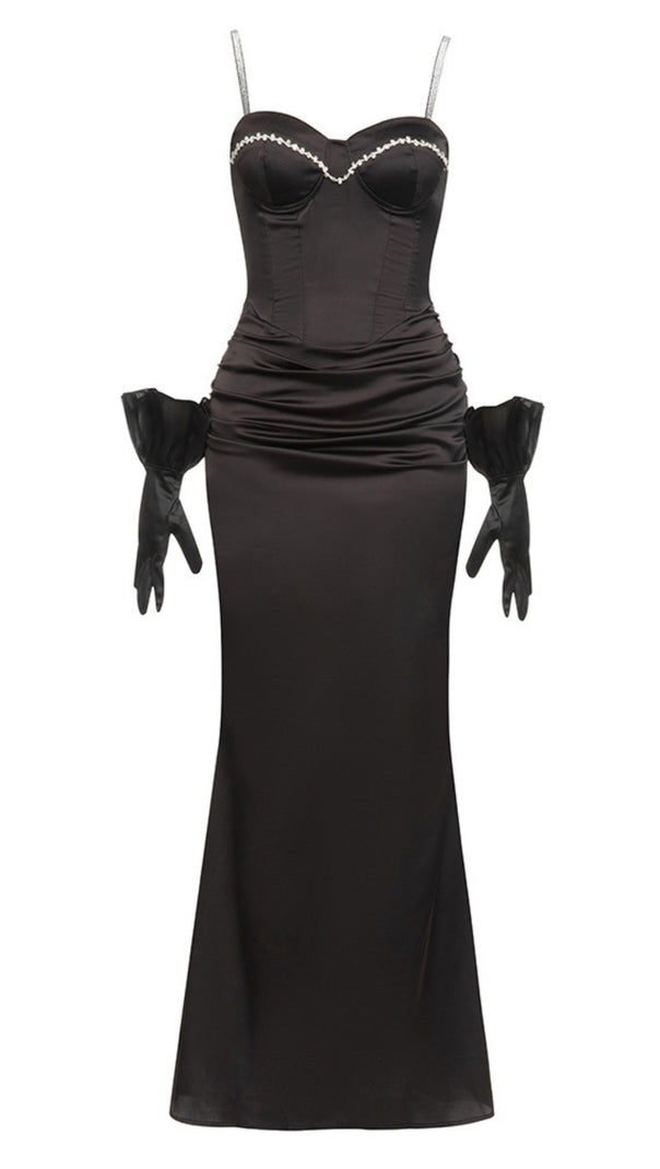 AIIZIE SATIN CORSET - STYLE RHINESTONE - TRIM MAXI DRESS WITH GLOVES IN BLACK - product image