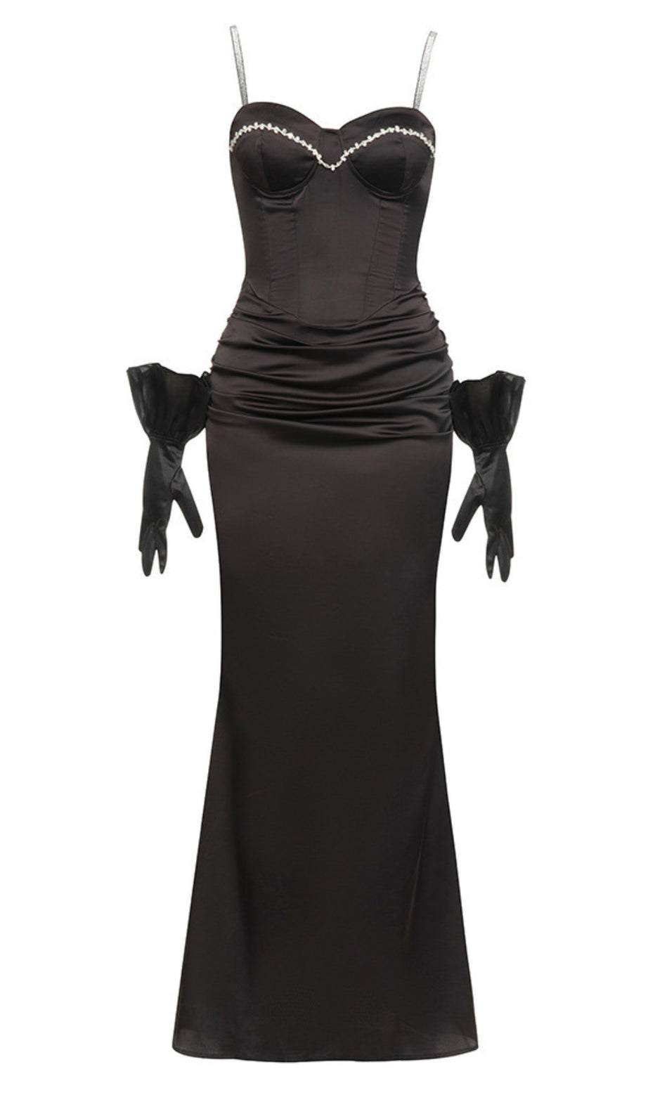 Corsetto in raso - Stile strass - Abito lungo con finiture e guanti in nero