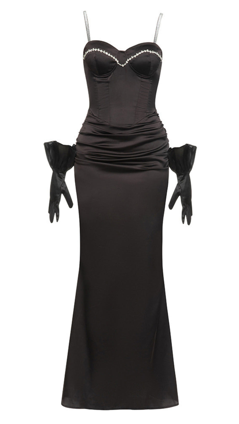 SATIN CORSET - STYLE RHINESTONE - TRIM MAXI DRESS WITH GLOVES IN BLACK
