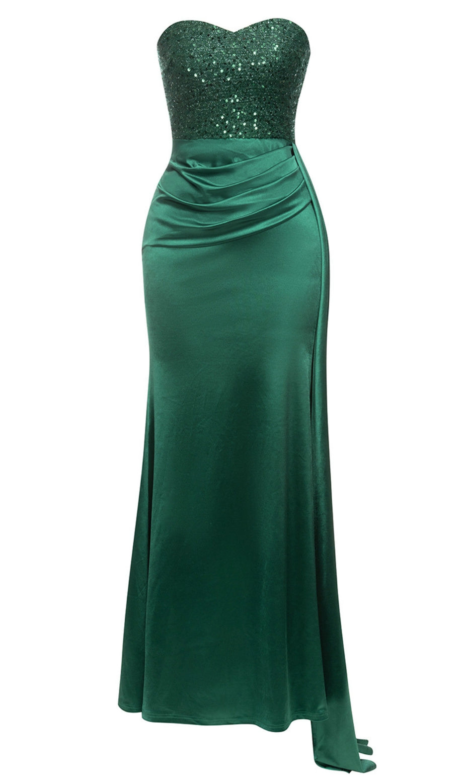 Abito da sirena in raso con corpetto arricciato e paillettes, colore verde