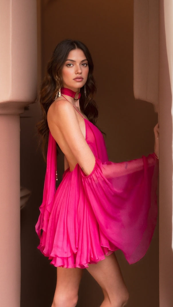 AIIZIE ERICA HALTER NECK LACE-UP BACKLESS MINI DRESS - FUCHSIA - product image