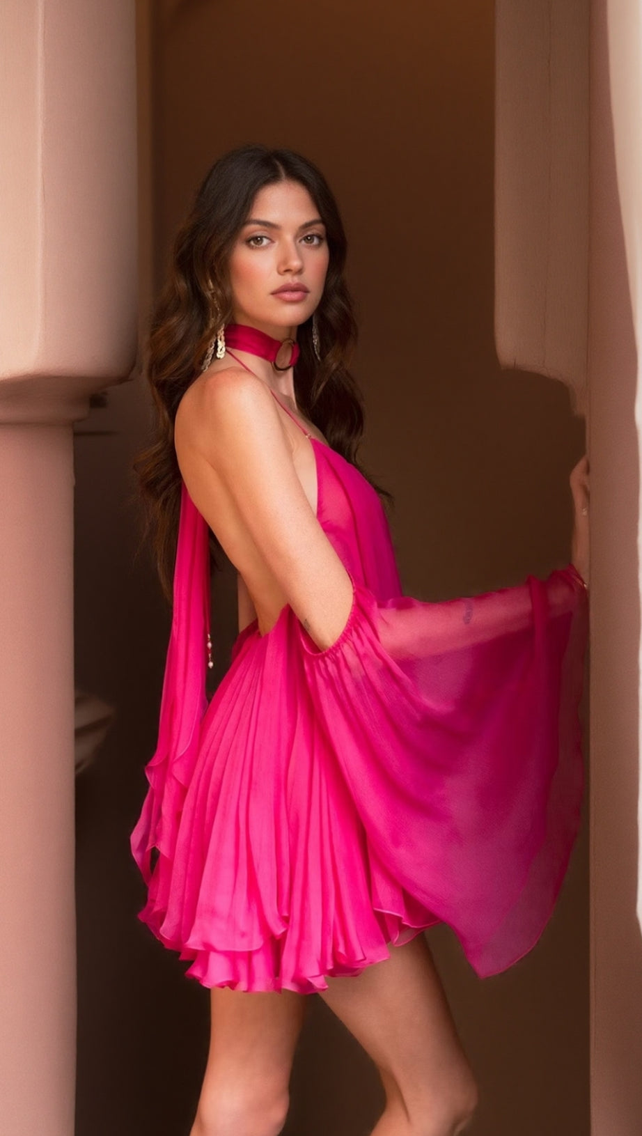 ERICA HALTER NECK LACE-UP BACKLESS MINI DRESS - FUCHSIA