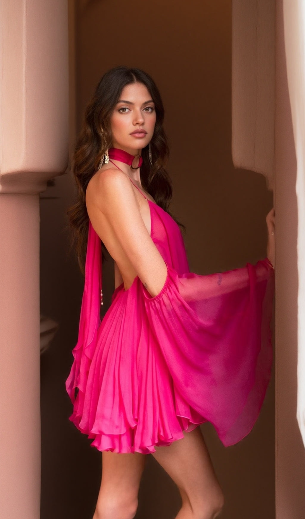 AIIZIE ERICA HALTER NECK LACE-UP BACKLESS MINI DRESS - FUCHSIA - product image