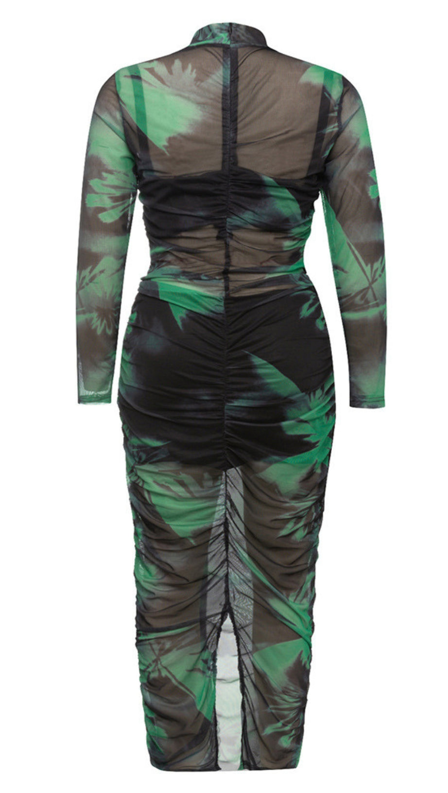 Geblümtes, hochgeschlossenes, gerüschtes Midikleid aus Netzstoff in Grün 