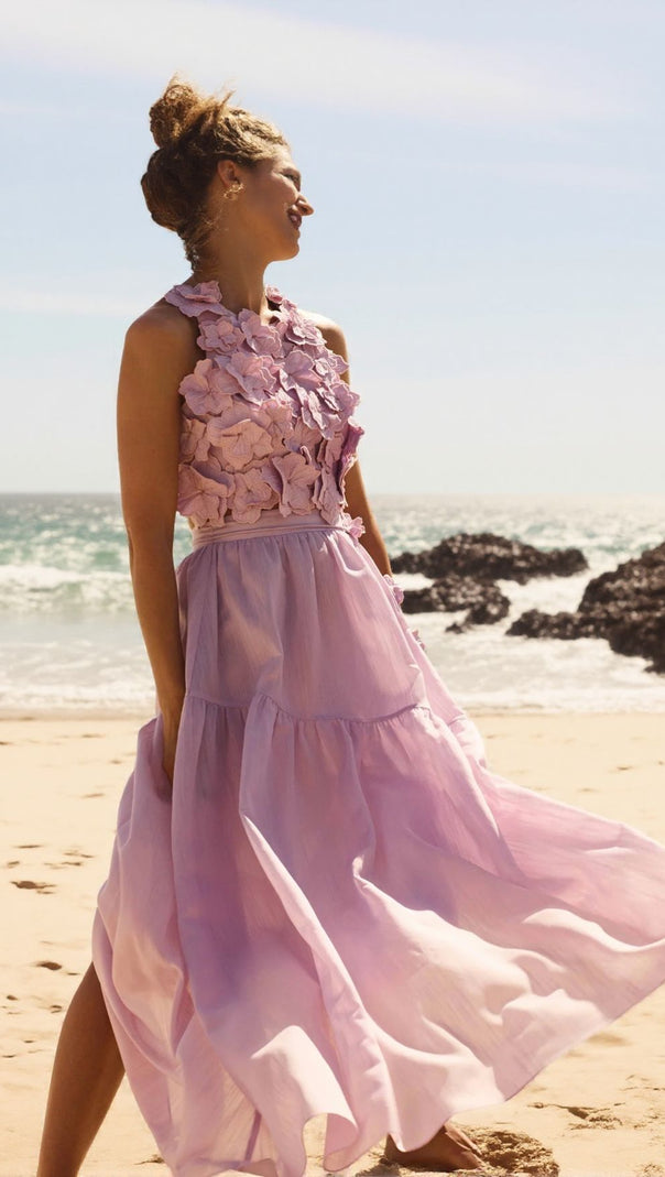 AIIZIE ASHLEY FLOWER SHELL TOP MAXI SKIRT SET IN PURPLE - product image
