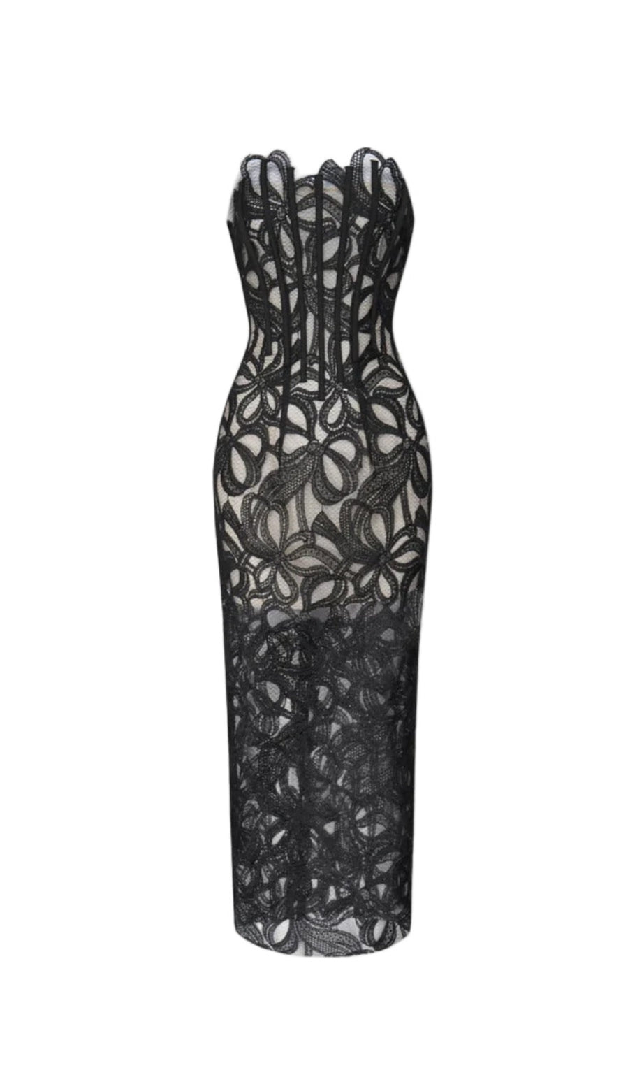letitia Strapless Flower Embroidered Midi Dress