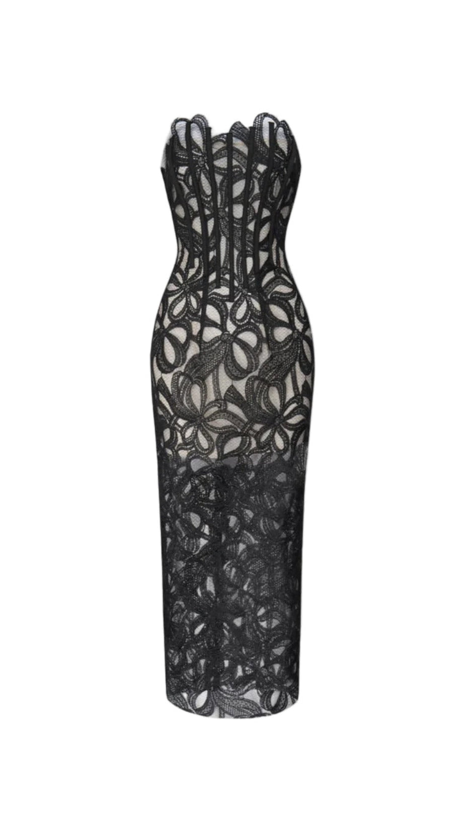LETITIA STRAPLESS FLOWER EMBROIDERED MIDI DRESS